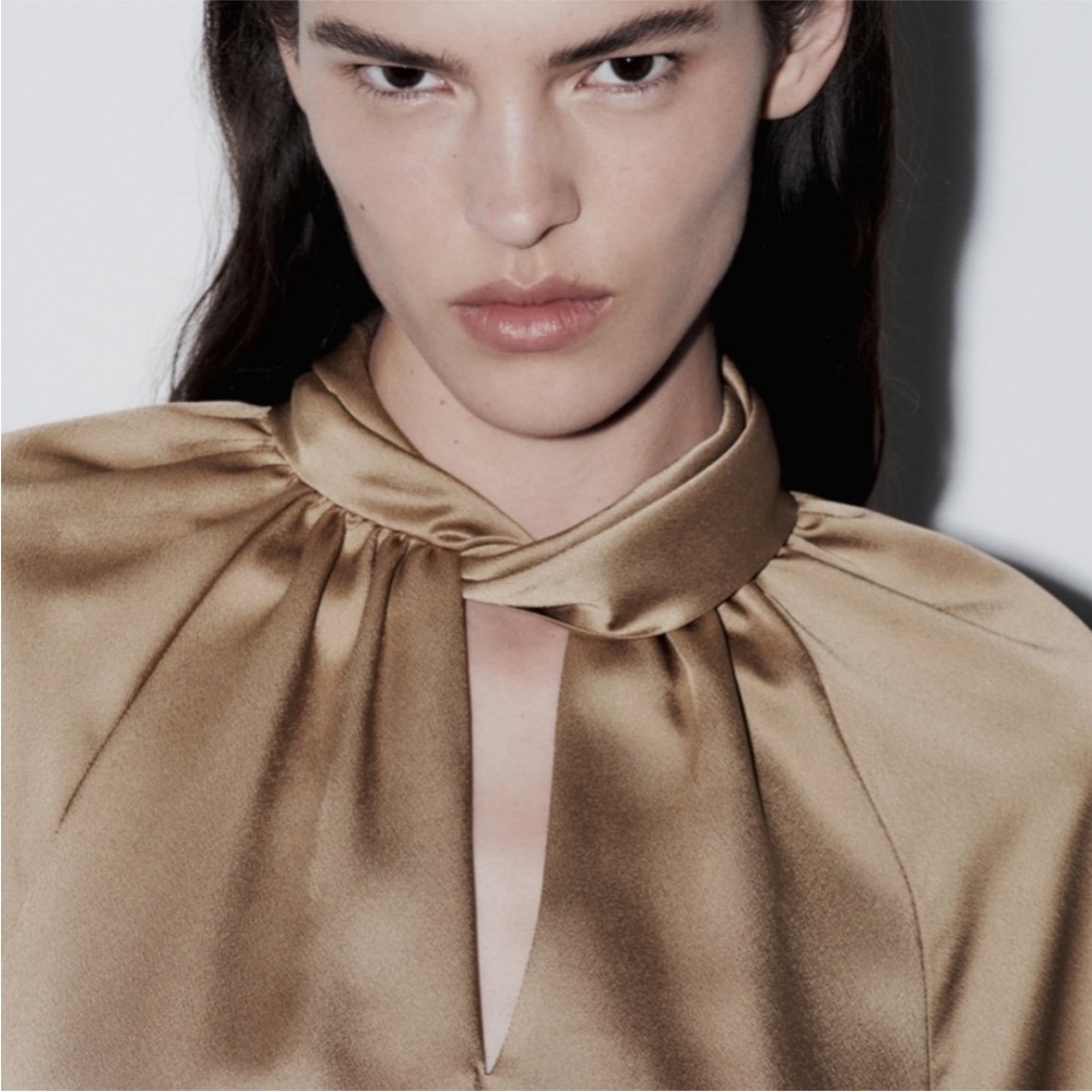 NWT Zara beige high neck long sleeve satin silky blouse small s - Picture 2 of 11